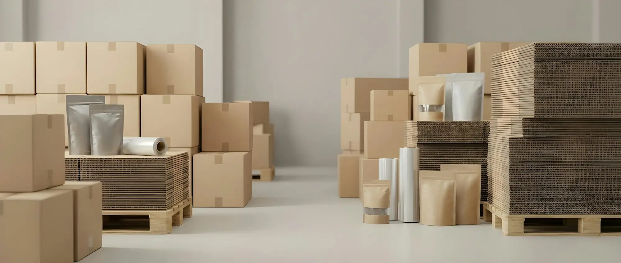 Cardboard boxes and packaging supplies stacked for an online store's orders